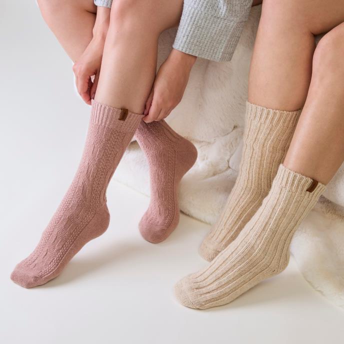 totes toasties® Ladies Chunky Twist Wool Boot Socks (Twin Pack) Oat / Lilac